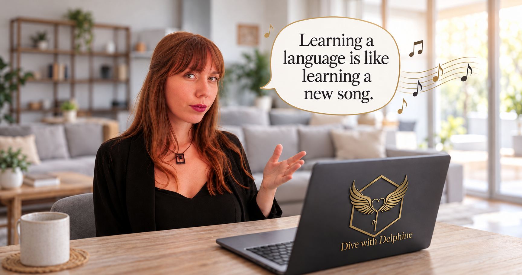 Delphine devant un ordinateur, avec la phrase « Learning a language is like learning a new song. » et des notes de musique.